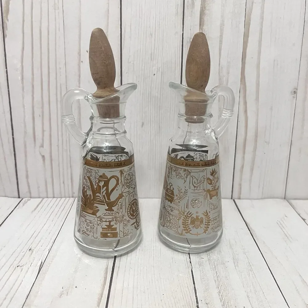 Vintage Colony Glass Oil & Vinegar Cruet Set Gold White MCM Kitchen